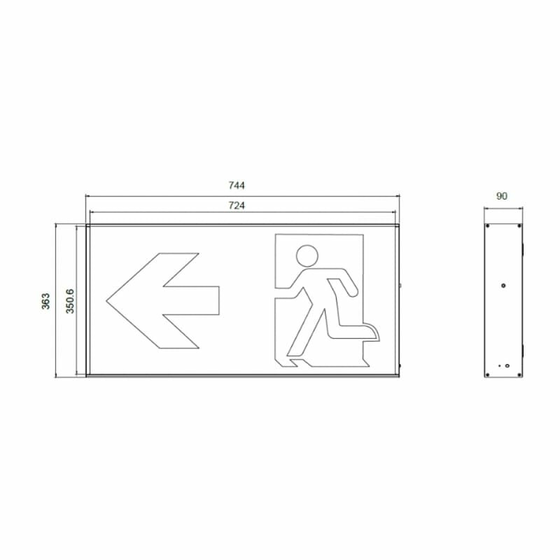 LED Nooduitgangsbord Groot Enkelzijdig met Auto-Test en Pictogrammen afmeting