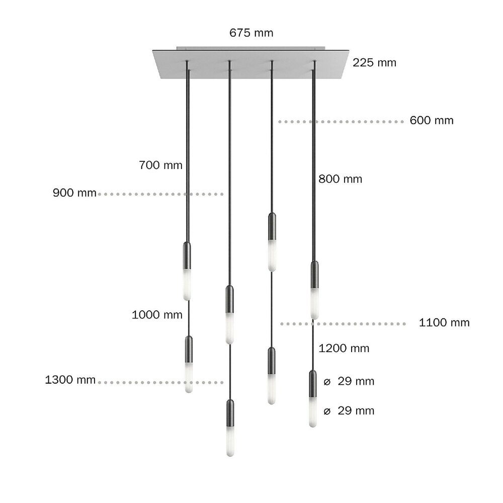 Hanglamp met 8 pendels en metalen afwerking met lamp Dibond Bianco Opaco 