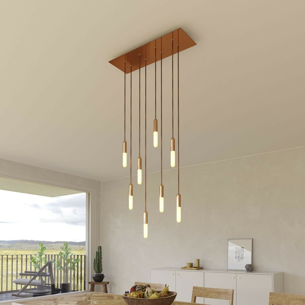 Hanglamp met 8 pendels en metalen afwerking met lamp Satijnkoper Dibond