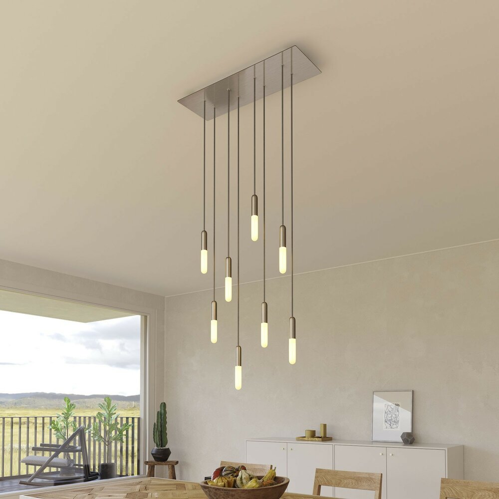 Hanglamp met 8 pendels en metalen afwerking met lamp Satijnstaal Dibond