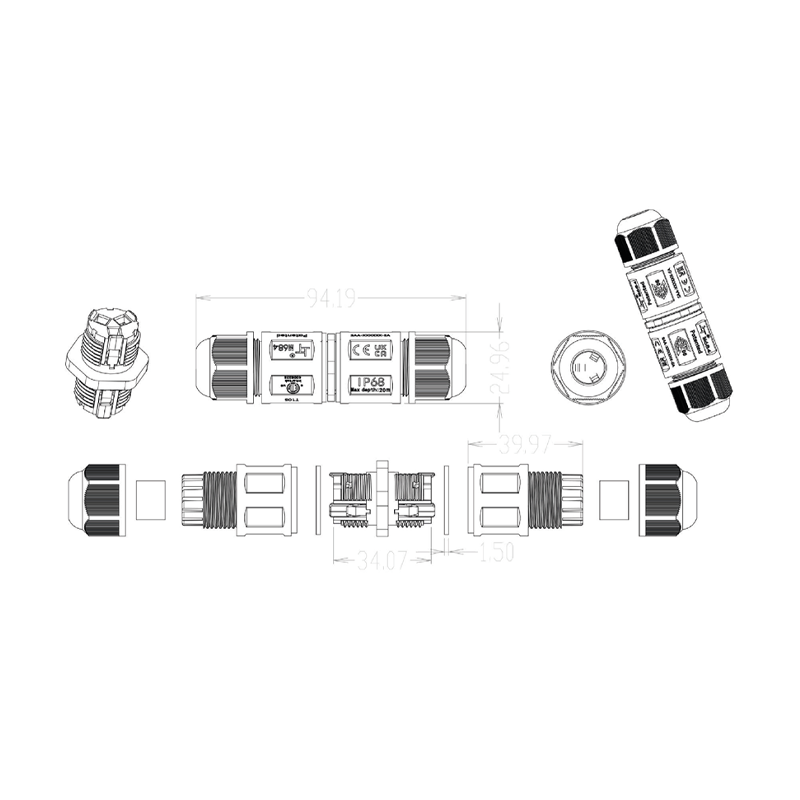 Waterdichte 3-polige kabelconnector | IP68 | Voor kabels 4&ndash;11 mm