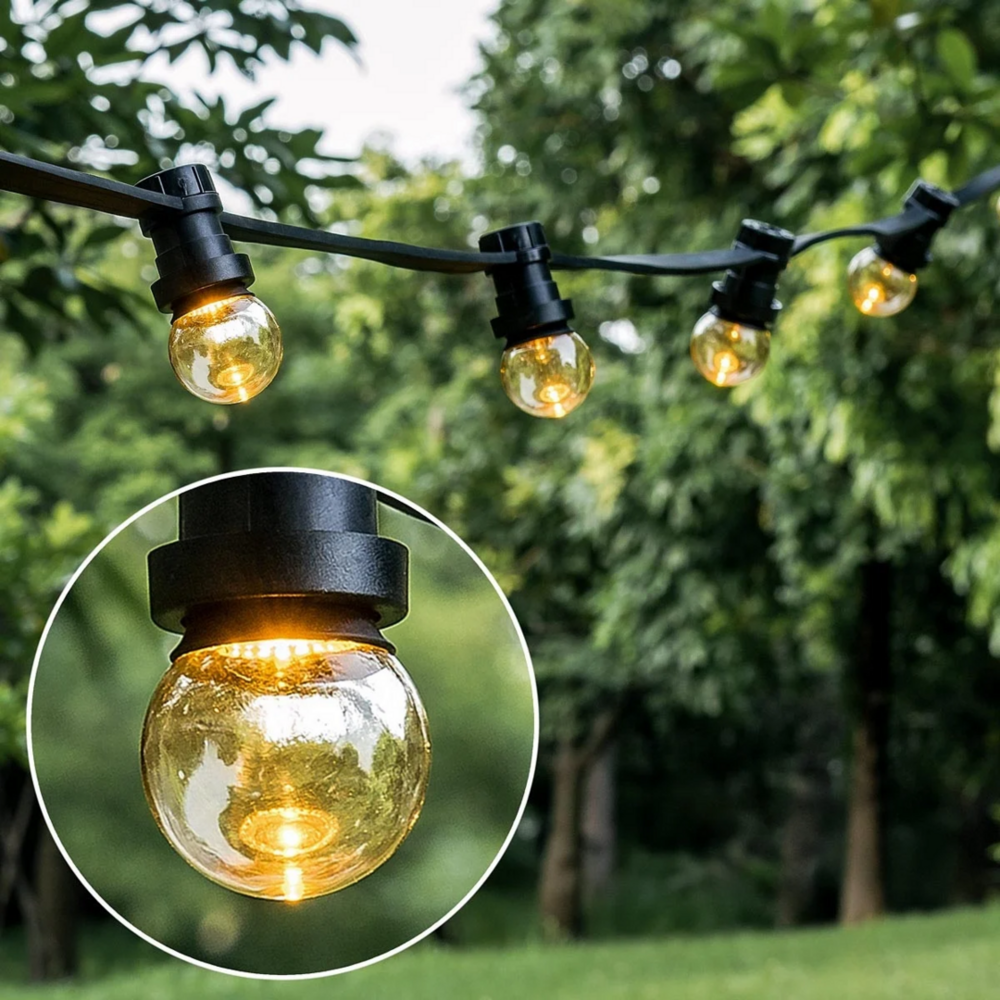 Lichterkette Set 10 Meter | 10 Fassungen mit 10 E27 LED Lampen | 2000K warmwei&szlig; IP44 schwarz