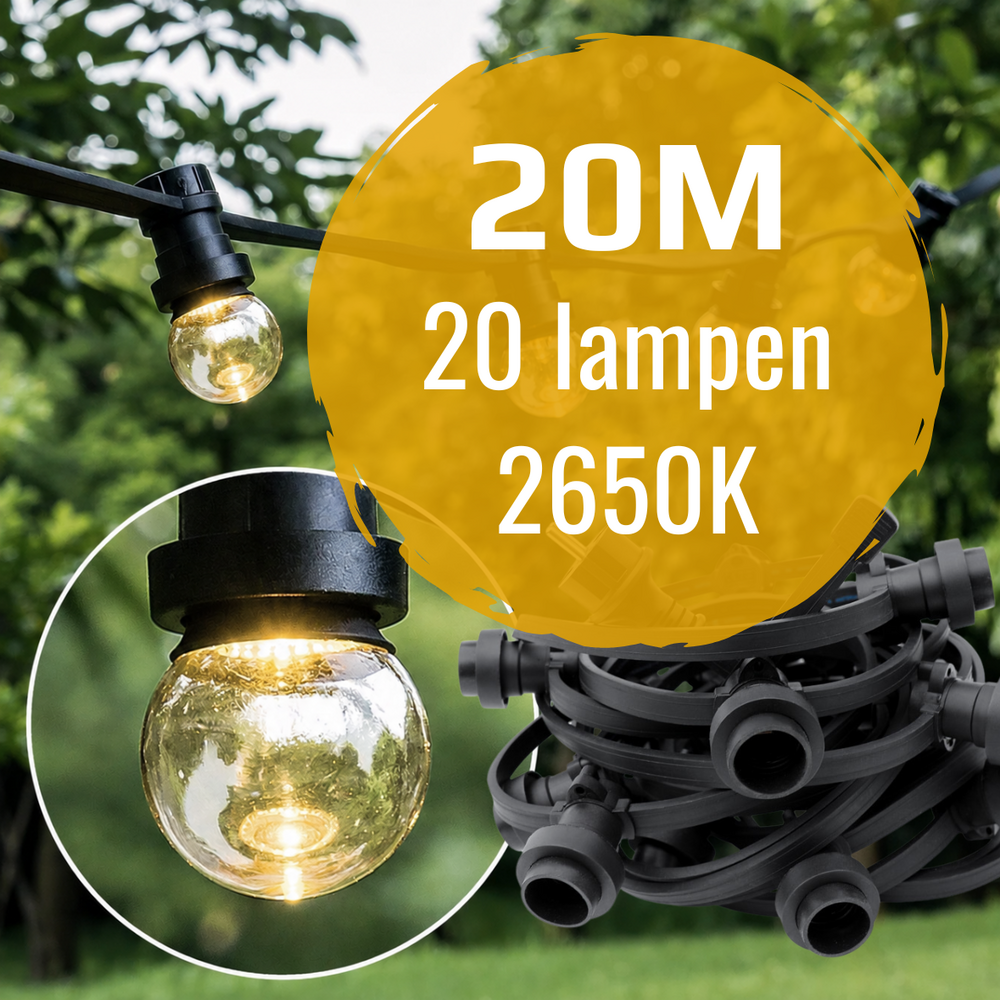 String light set 20 metres and 20 E27 LED bulbs | 2650K LED in base | IP44 | Black