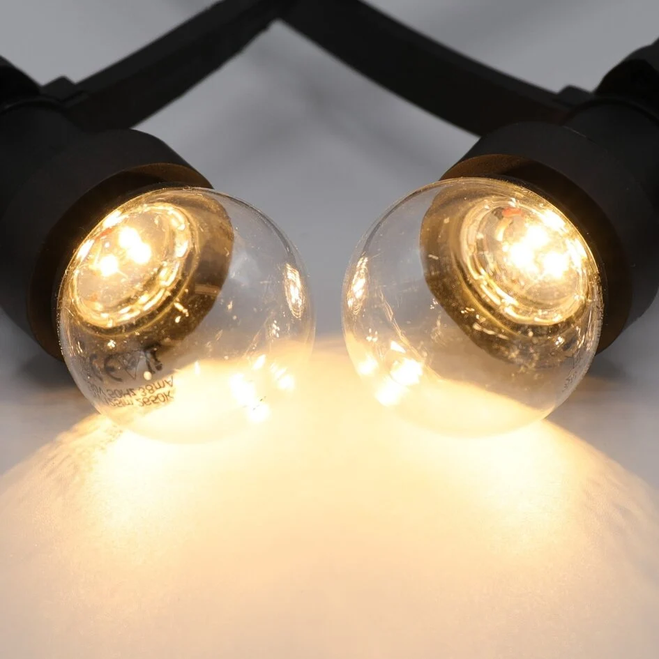 String light set 20 metres and 20 E27 LED bulbs | 2650K LED in base | IP44 | Black