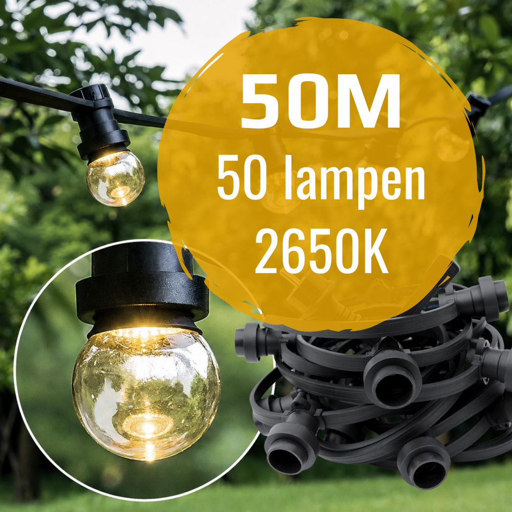 Prikkabel set 50 meter en 50 E27 ledlampen | 2650K warm wit | IP44 | Zwart
