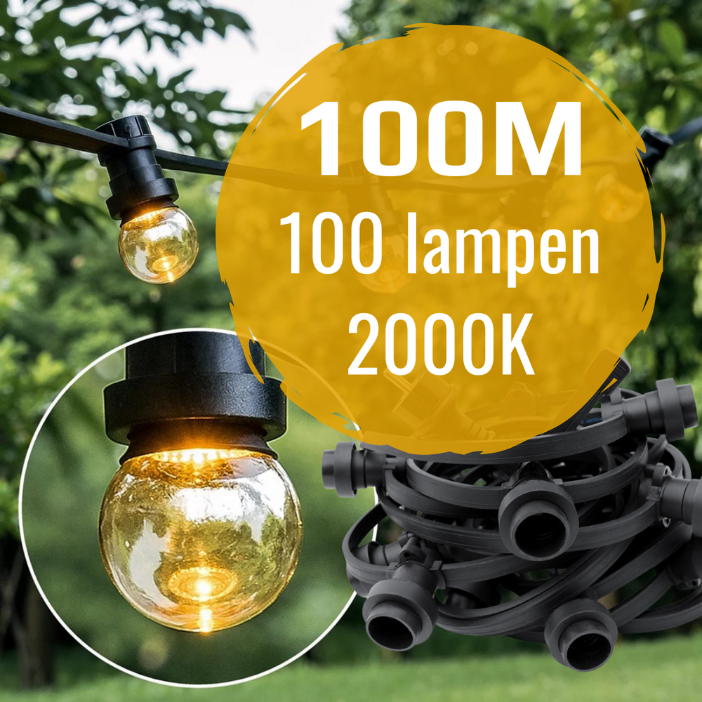 String light set 100 metres and 100 E27 LED bulbs | 2000K LED in base | IP44 | Black