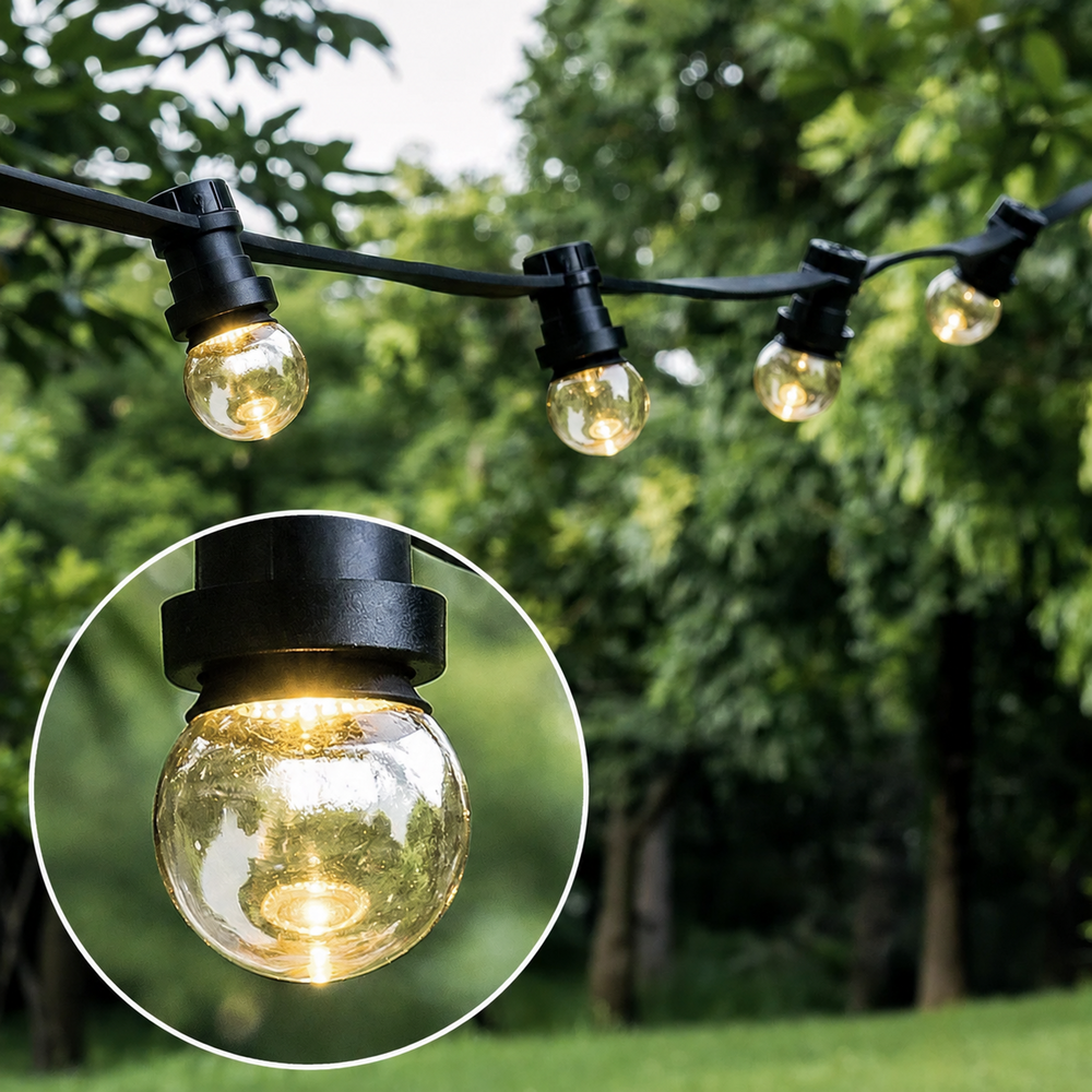 String light set 100 metres and 100 E27 LED bulbs | 2650K warm white | IP44 | Black