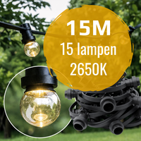 String light set 15 metres and 15 E27 LED bulbs | 2650K LED in base | IP44 | Black