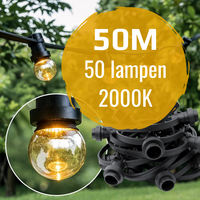 String light set 50 metres and 50 E27 LED bulbs | 2000K LED in base | IP44 | Black